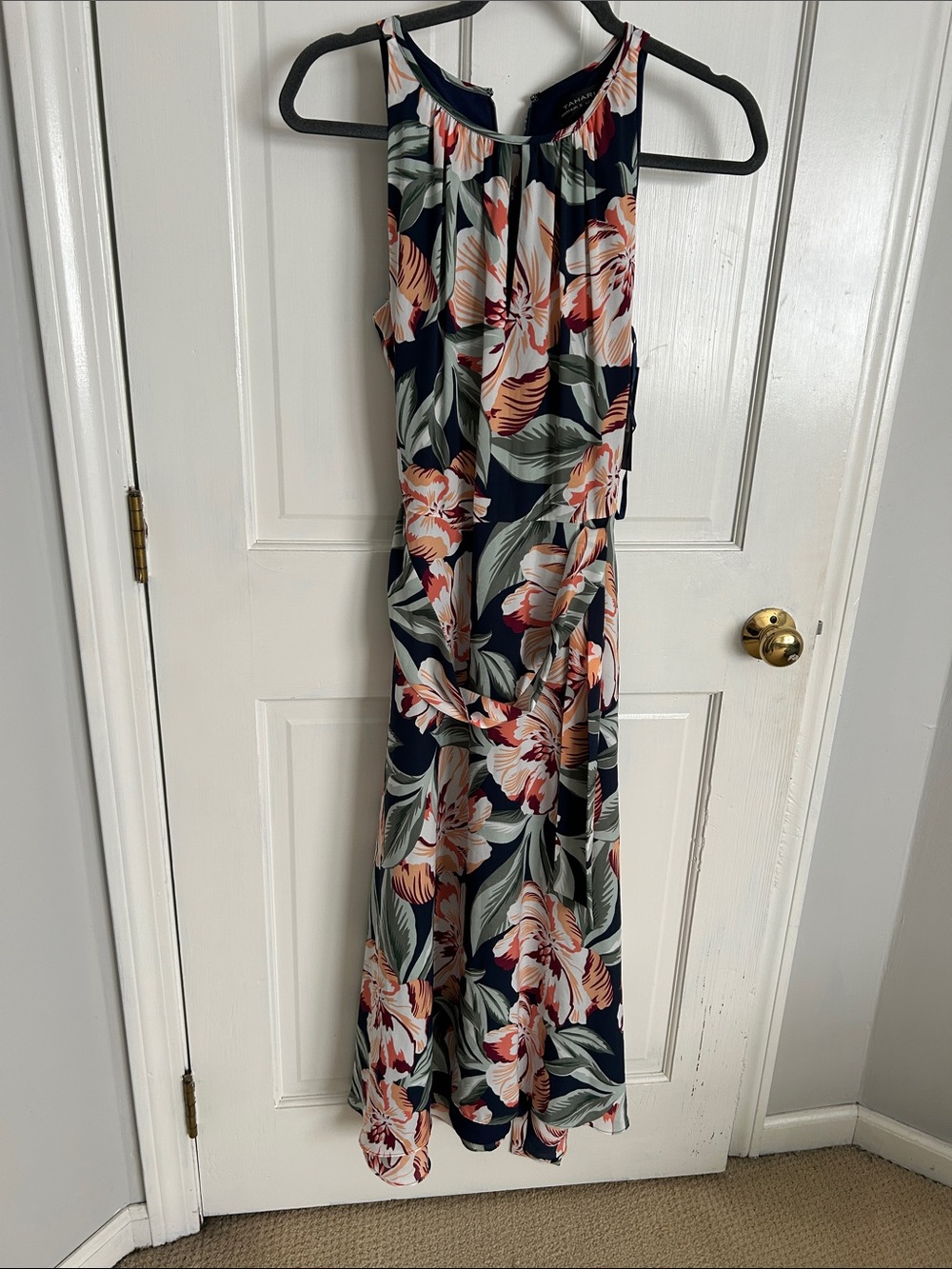 Navy Floral Midi Dress with Coral & Cream Blooms